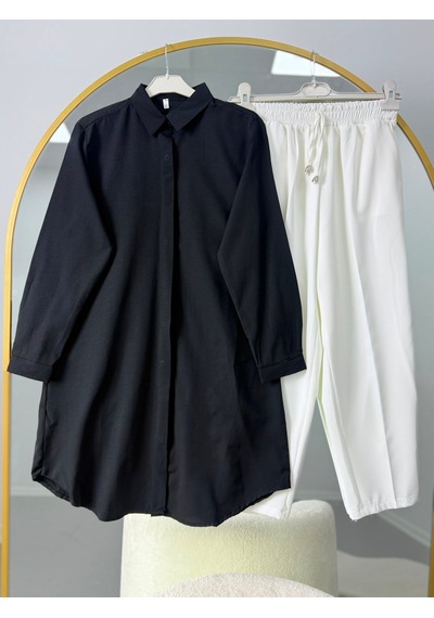 Lovie Moda Basic Oversize Tunik Gömlekli Takım Siyah