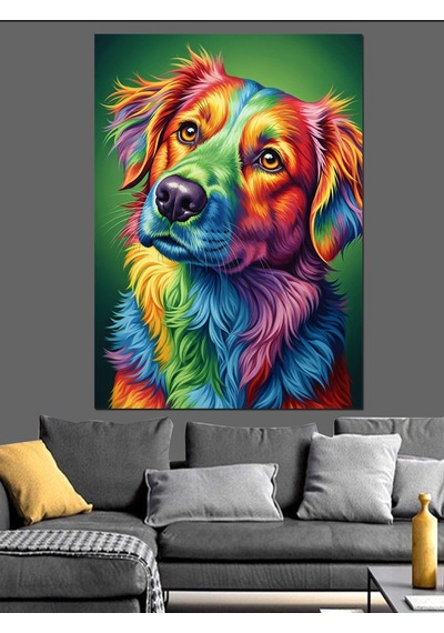 Canlı Renkli Köpek Portresi Dekoratif Kanvas - Mdf Ahşap Tablo
