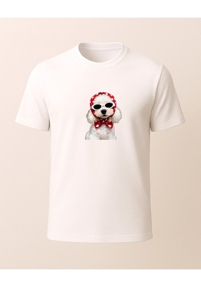 Başrötülü Beyaz Köpke Baskılı T-shirt