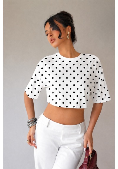 Hımmelduf Kadın Puantiye Desenli Crop Tişört Basic Oversize Yazlık Bluz Beyaz