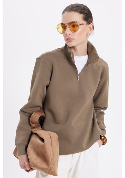 Tudors Kadın Relax Fit Rahat Kesim Pamuklu İçi Polarlı Yarım Fermuarlı Haki Dik Yaka Sweatshirt-42073 Haki