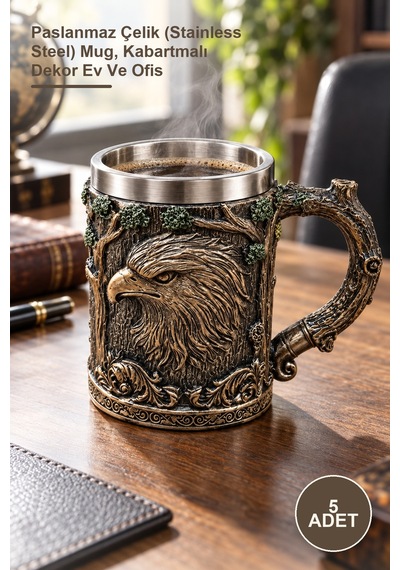 5 Adet Kartal Figürlü 3d Kabartmalı Kupa Bardak Paslanmaz Çelik Stainless Steel Mug, Kabartmalı Dekor Ev Ve Ofis 1