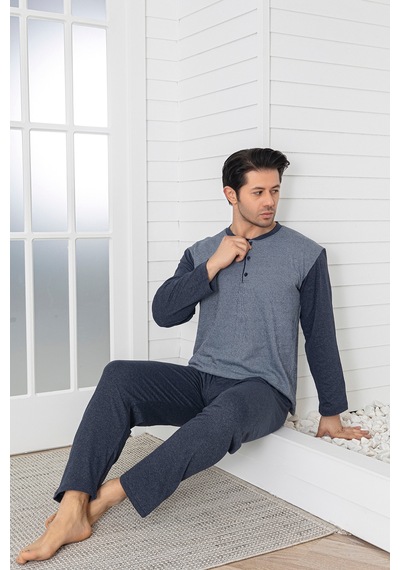 Sude Homewear Erkek Füme Renk Jakarlı Uzun Kol Pijama Takımı Gri