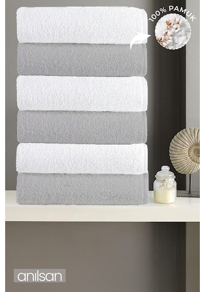 6'lı Gri-beyaz Banyo Havlusu - 70x140 Cm, 490 Gr, %100 Pamuk, Spa Ve Otel Havlusu, Günlük Kullanıma Uygun Beyaz - Gri