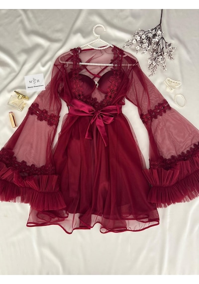 Mh Moony Homewears Kutulu Türkan Bordo Destekli Gecelik Sabahlık Seti Bordo