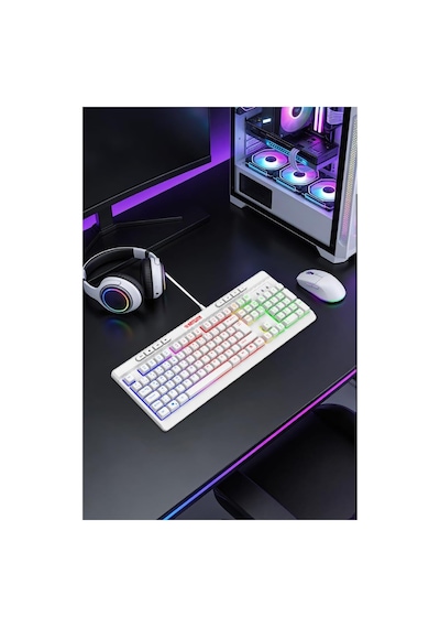 Membran Switch Rainbow Led Işıklı Türkçe Q Gaming Oyuncu Klavyesi Beyaz Renk Klavye