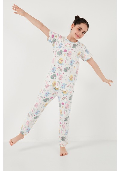 Lela % 100 Pamuk Bisiklet Yaka Kısa Kollu Kız Çocuk Pijama Takımı 6651004 Ekru