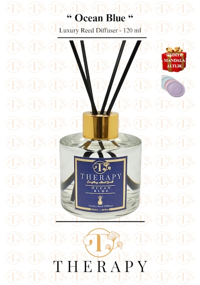 Therapy Smell, Ocean Blue - Lüks Çubuklu Oda Kokusu / 120 Ml / Extra Clear Silindir Cam Şişe / Metal Altın Kapak / Hediyeli Okyanus