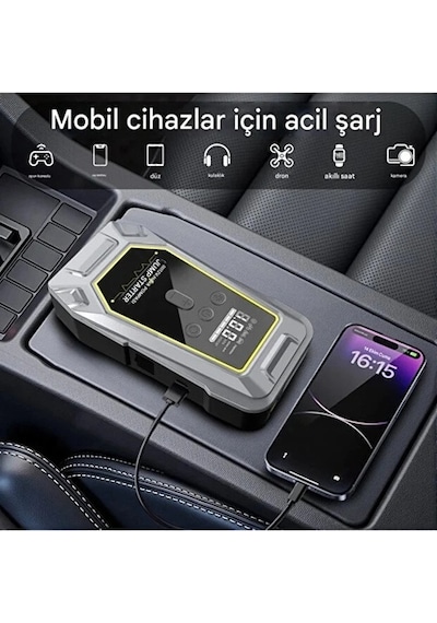 Tank Model Şarjlı 12.000 Mah Taşınabilir Çanta Araç Akü Takviye Cihazı Işıklı Hava Kompresörü