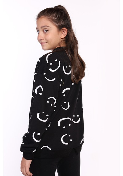 Toontoy Kız Çocuk Komple Gülen İfade Baskılı Sweatshirt Siyah