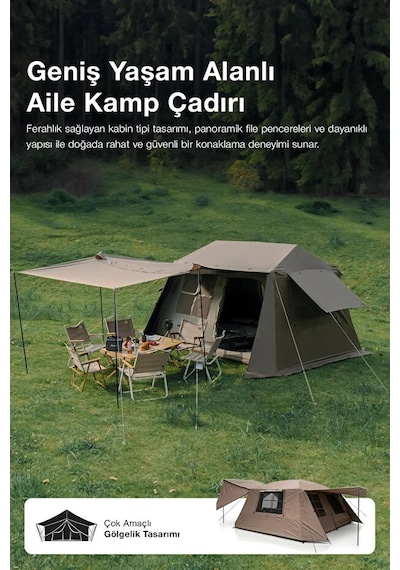 8 Kişilik 4 Mevsim Su Geçirmez Gölgeli Kamp Çadırı 210d Oxford Kumaş 13m2 395x275x220 Cm Bej