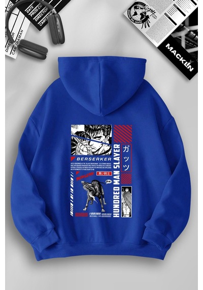 Macklin Unisex Kadın Erkek Berserk Anime Ön Ve Arka Baskılı Özel Tasarım Kapşonlu Sweatshirt Mavi Mck1213 Mavi