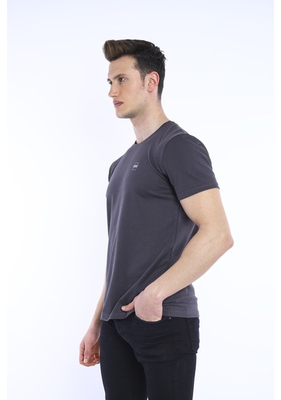 Escetic Erkek Füme Erkek Slim Fit Pamuklu Kısa Kollu Bisiklet Yaka T-Shir Füme