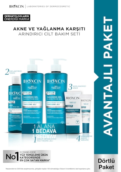 Acnium Tüm Cilt Tipleri İçin Akne Karşıtı Yüz Temizleme Jeli X2 + Tonik + Krem + Serum Seti