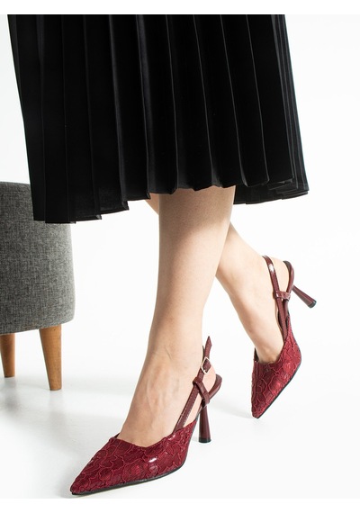 Lebibe Shoes Lısa Kadın Bordo Sivri Burun 7 Cm Topuklu Çiçek Dantel Desenli Rugan Slingback Ayakkabı