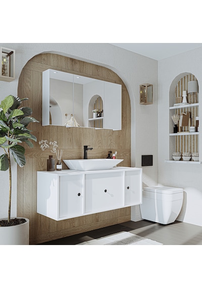 Çanak Lavabolu Mat Mdf 120 Cm Banyo Dolabı + Aynalı Dolabı Beyaz Mat Beyaz