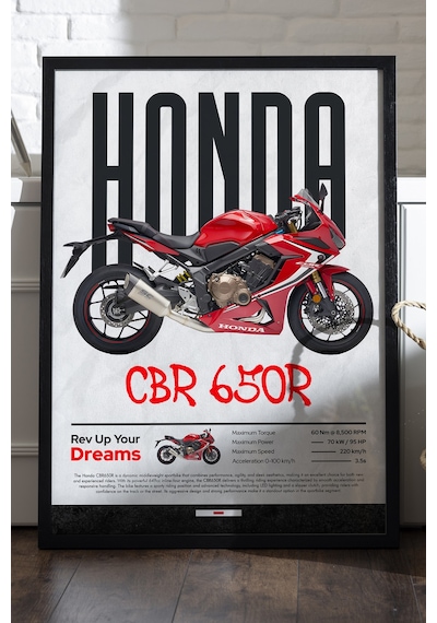 Honda Cbr 650r Siyah Ahşap Çerçeveli Poster, Dekoratif Motosiklet Duvar Tablosu