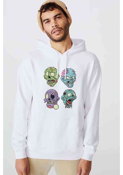 Zombie 4 Head Baskılı Beyaz Erkek Örme Kapşonlu Sweatshirt