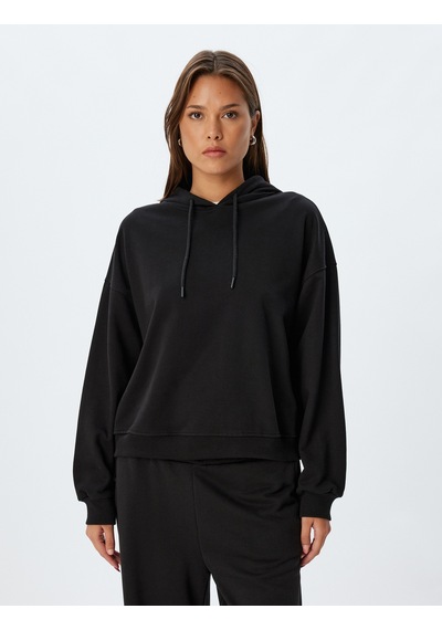 Koton Kapşonlu Sweatshirt Basic Uzun Kollu Üç İplik Pamuklu Siyah 5wak10223ek Siyah