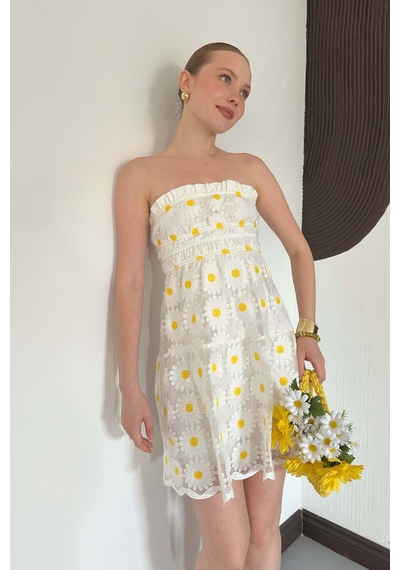 Verymoda Papatya Papatya Nakışlı Elbise Vmd2712 Krem Papatya