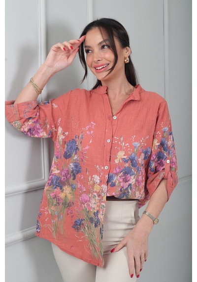 By Saygı Kadın Çiçek Desenli İtalyan Cotton Oversize Gömlek Kiremit