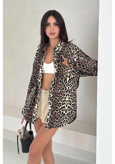 Asprin Fashion Leopar Desen Gabardin Gömlek Leopar