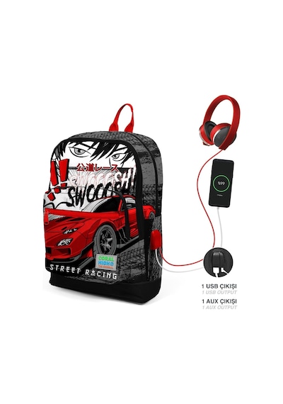 Coral High Kids Siyah Kırmızı Anime Araba Desenli Dört Bölmeli Usb'li Okul Sırt Çantası 23847