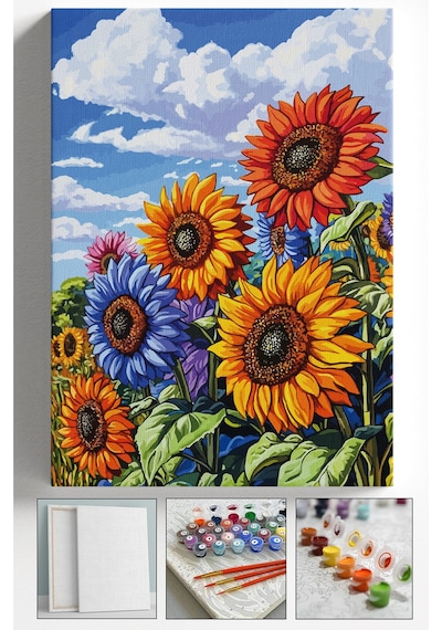 Sayılarla Boyama Tuval Seti Fırça Boya Dahil Çıtalı 40x50 Cm - Renkli Ayçiçeği