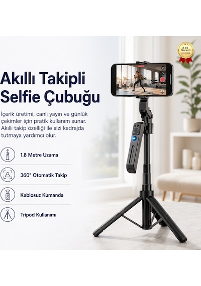 Akıllı Takipli Selfie Çubuğu 1.8 Metre 360 Döner Kumandalı Telefon Tripodu-1728
