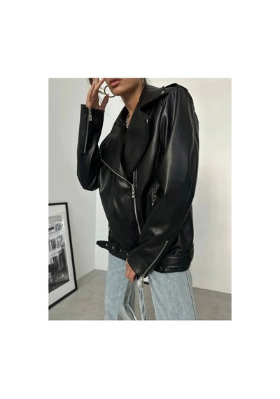 Candybia Kadın Oversize Biker Deri Ceket Siyah Siyah