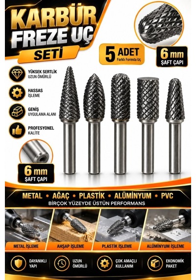 Karbür Freze Uç Seti 5 Parça 6 Mm Şaft Metal Ahşap Alüminyum Pl