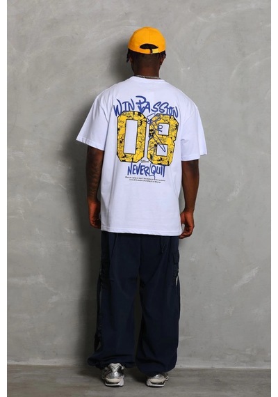 Oversize Baskılı Bisiklet Yaka T-shirt - Beyaz - Beyaz