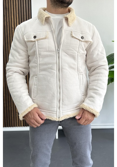 Edwox Erkek İçi Kürklü Suni Pul Deri Mont Beyaz Edw120-beyaz Beyaz