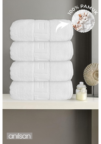 4'lü Hotel Logo Banyo Havlusu - 70x140 Cm, 490 Gr, %100 Pamuk, Spa Ve Otel Havlusu, Günlük Kullanıma Uygun Beyaz