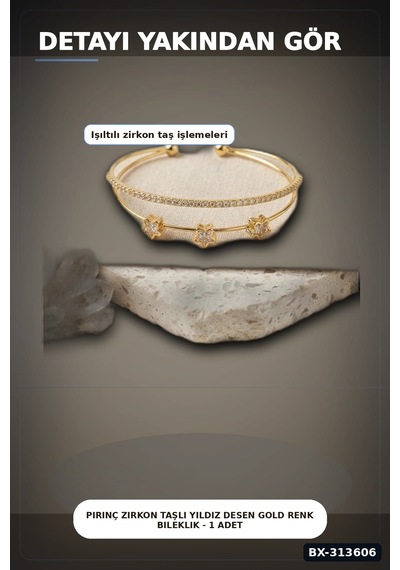 Bay Pirinç Zirkon Taşlı Yıldız Desen Gold Renk Bileklik - 1 Adet Bayan Takı Bx-313606 Najmaddin Standart