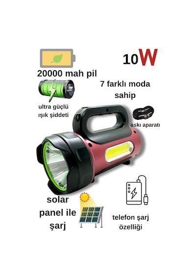 10w Uzun Menzilli Solar Panelli Powerbank Usb Çıkış S.o.s Lu Ultra Güçlü Ledli Şarjlı Feneri Siyah