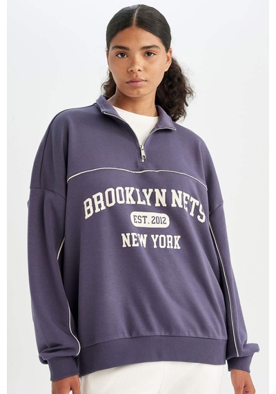 DeFactoFit NBA Brooklyn Nets Oversize Geniş Kalıp Yarım Fermuarlı Dik Yaka Sweatshirt C8246AX24AUPR493