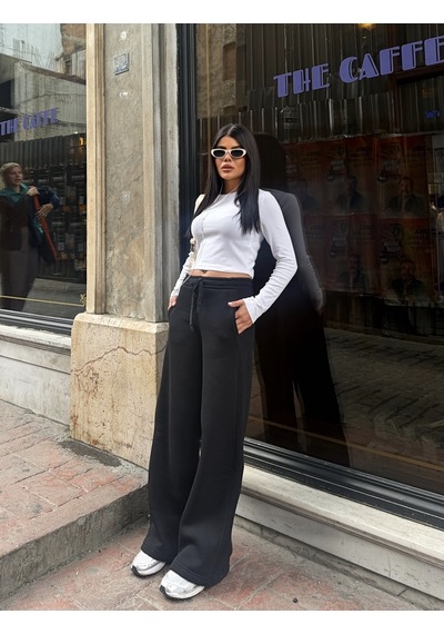 Out Of Standart Kadın Wide-leg Kalıp Beli Lastikli Kordon Detaylı Eşofman Altı Siyah