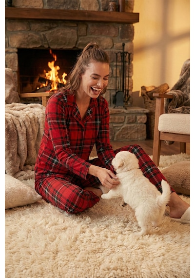 Lela Desenli Beli Lastikli Gömlek Yaka Dokuma Bayan Pijama Takımı 6095660W4 Kırmızı-Siyah