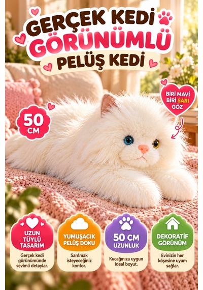 Beyaz Gerçek Kedi Görünümlü Pelüş Kedi 50 Cm Uzun Tüylü Yumuşacık Sarılmalık Dekoratif Oyuncak Kedi