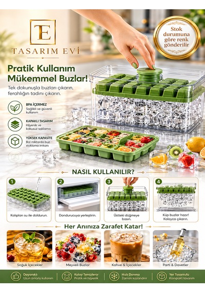 Yeni Nesil Basmalı Çift Buz Kalıbı Buzluk Kapaklı Saklama Kutulu 28 28 56 Bölmeli 10x20 Cm Yeşil
