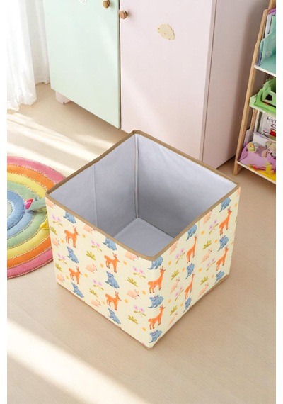 4'lü Animals Kapaksız Kutu Oyuncak Çamaşır Saklama Kutusu Dolap İçi Organizer Düzenleyici 30x30x30 Krem