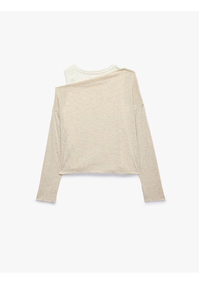 Koton Asimetrik Yaka Uzun Kollu Slim Fit Tişört Bej 7wal10346ık Ekru
