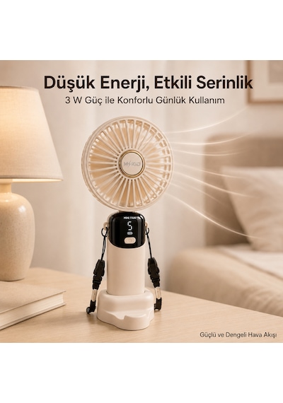 Mkio Şarjlı El Vantilatörü 5 Kademeli, Katlanabilir Dijital Ekranlı Mini El Fanı, 1200 Mah, 5 Pervaneli Güçlü Hava Akışı, Standlı Masaüstü Fan, Usb Şarjlı - Krem Renk