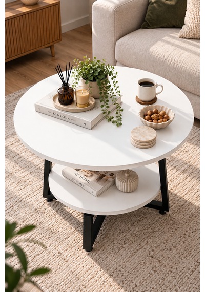 Yuvarlak Orta Sehpa 69,5 Cm İki Katlı Raflı Metal Ayaklı Modern Dekoratif Salon Sehpası Beyaz Yuvarlak Orta Sehpa 69,5 Cm İki Katlı Raflı Metal Ayaklı Modern Dekoratif Salon Sehpası Beyaz