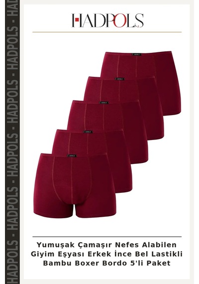 Hadpols Yumuşak Çamaşır Nefes Alabilen Giyim Eşyası Erkek İnce Bel Lastikli Bambu Boxer Bordo 5'li Paket