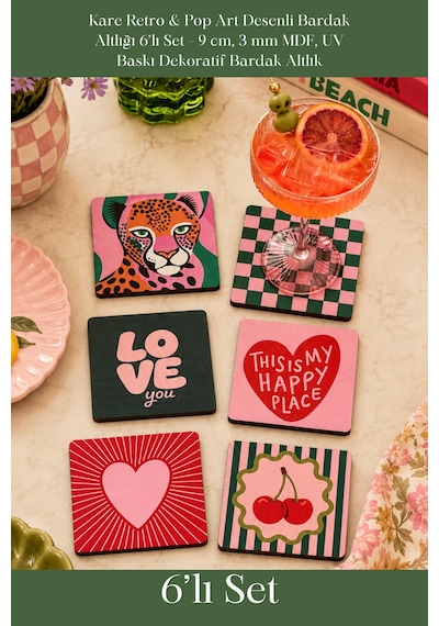 Retro & Pop Art Desenli Kare Bardak Altlığı 6'lı Set - 9 Cm Mdf Uv Baskı Çok Renkli