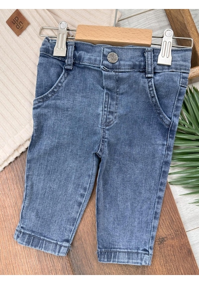 Bebicix Yumuşak Doku Sweatshirt Esnek Kot Pantalonlu Erkek Bebek 2'li Takım Krem