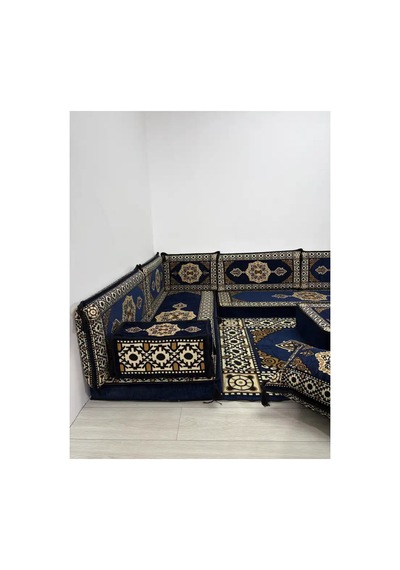 Güneş Modeli Lacivert Otantik Şark Köşesi Takımı L Set - Geleneksel Yer Minderi Seti 10 Cm Minder Kalınlığı 13 Parça
