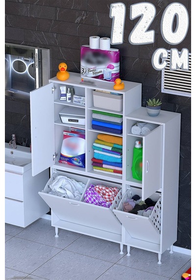 Ohbe 85 + 35cm Genişlik 160cm Boy 32,5cm Derinlik Kirli Sepetli 2 Kapak Çok Amaçlı Banyo Dolabı 85 + 35cm Ohbe 85 + 35cm Genişlik 160cm Boy 32,5cm Derinlik Kirli Sepetli 2 Kapak Çok Amaçlı Banyo Dolabı 85 + 35cm